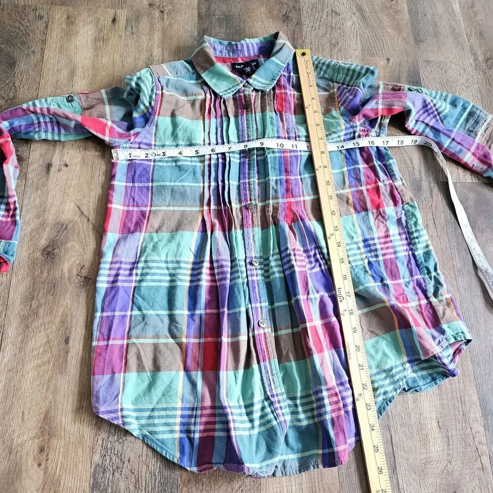 Ralph Lauren Plaid Pintuck Button Up Shirt Multicolor Madras Roll Tab Girls 14